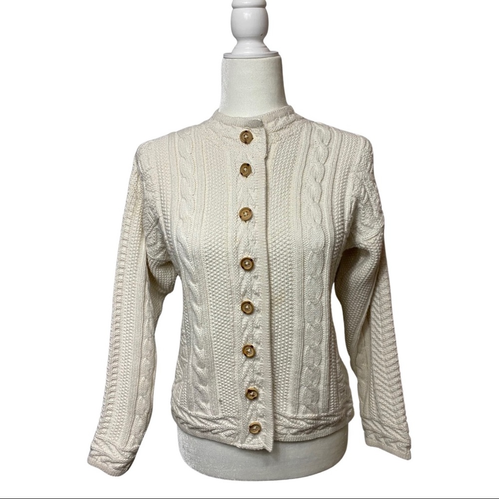 L.L. Bean Cable Knit Button Front White Cardigan Size S
